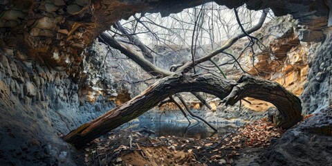 A fallen tree with lifeless branches in a sinkhole