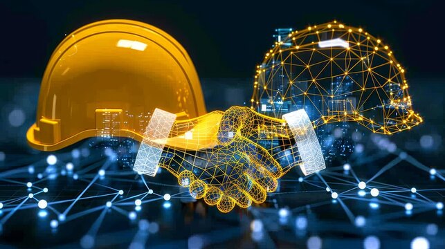 Collaborative construction  handshake over blueprints with futuristic hard hat and tools