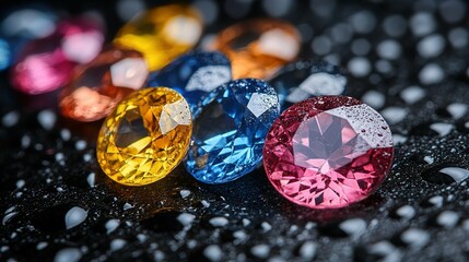 Close-up of Vibrant Gemstones on a Wet Black Surface