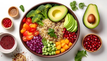 Rainbow Vegan Superfood Bowl. vegan superfood bowl, filled with quinoa, avocado, pomegranate seeds, kale, and various brightly colored vegetables