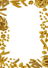 Fusilli Pasta. Speral form. Fusilli Pasta. Farfalle pasta. Scattered paste, several pieces. Classic option. Yellow and beige. Monochrome style. conchiglie rigate Pasta. Pattern.