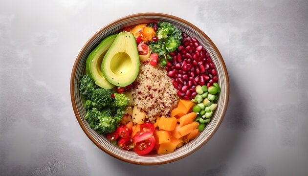 Rainbow Vegan Superfood Bowl. vegan superfood bowl, filled with quinoa, avocado, pomegranate seeds, kale, and various brightly colored vegetables