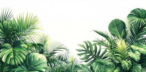 Lush Green Tropical Leaves Against a White Background