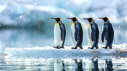 Fototapeta premium Charming penguins enjoying a sunny, snowy day on an iceberg in the pristine frozen landscape
