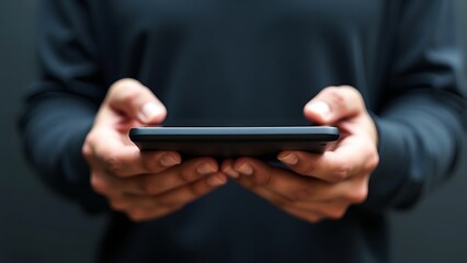 Close-up of hands with smartphone and pen on dark desk, highlighting modern multitasking.