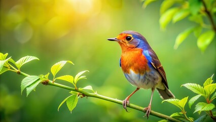 Fototapeta premium Bird perched on a leafy branch in a natural setting, bird, branch, perched, wildlife, nature, greenery, foliage, tree
