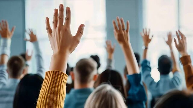 Conference, crowd and business people with hands for a question, vote or volunteering