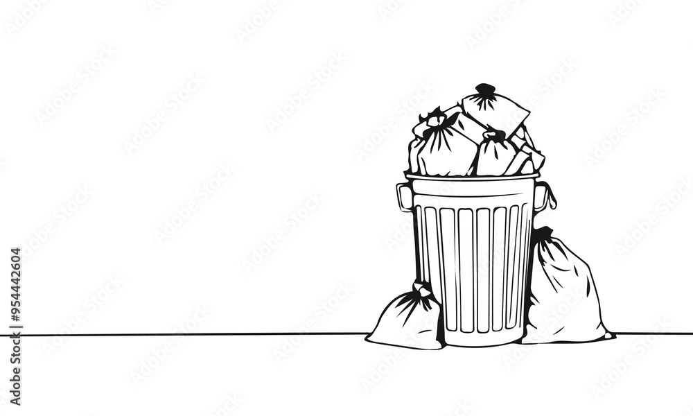 Aufkleber an overflowing trash can black sketch silhouette on white background. garbage problem concept linear
