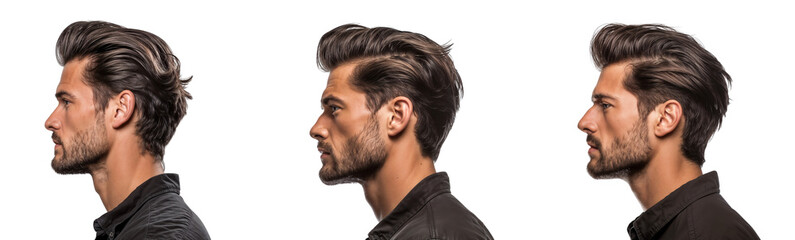 Fototapeta premium Profile shots of three handsome men with short haircuts, viewed from the side, isolated on transparent background