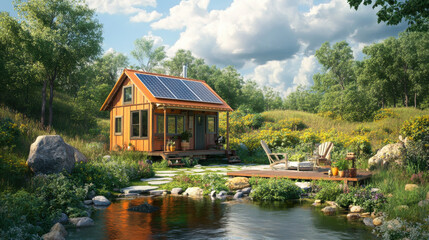 Obraz premium Photorealistic image of a self-built, eco-friendly tiny house with a garden, solar panels,