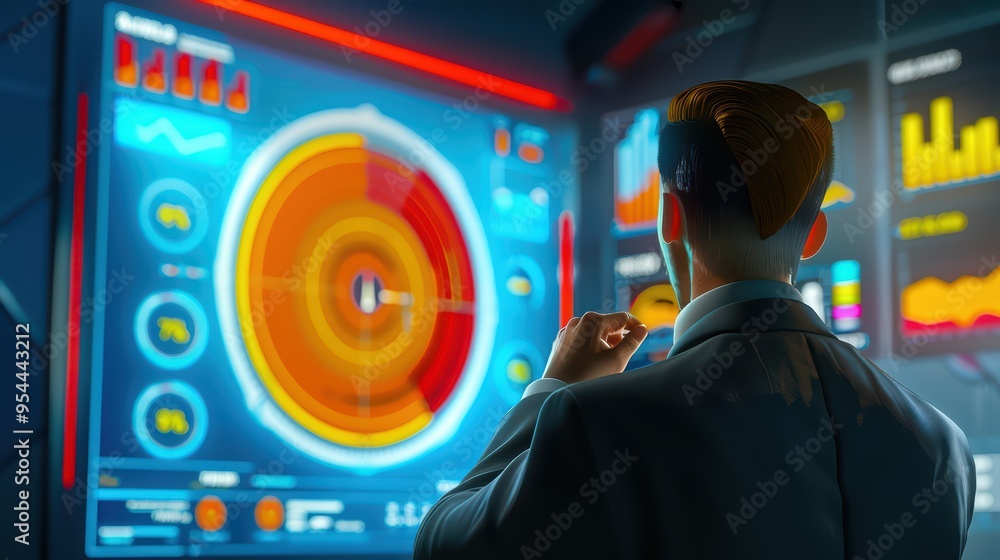 Poster a business professional analyzes data on a modern digital dashboard, showcasing graphs and statistic