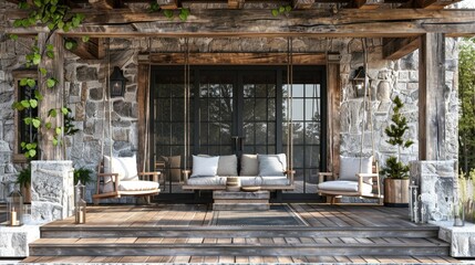 Fototapeta premium Porch: A covered outdoor space at the front of the home, typically equipped with seating or a swing, designed for relaxation and enjoying fresh air. 