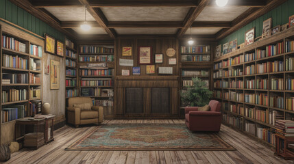 Photorealistic image of a small community-run library, with neatly organized books, cozy