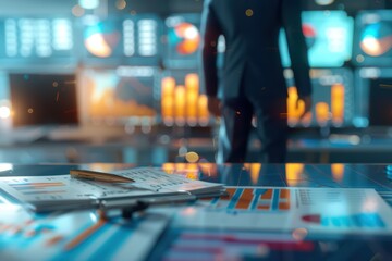 A businessman observes data trends on digital screens, highlighting analytics and decision-making in a modern workspace.