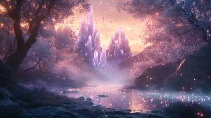 Fototapeta premium Crystal Palace in a Mystical Forest with Glowing River