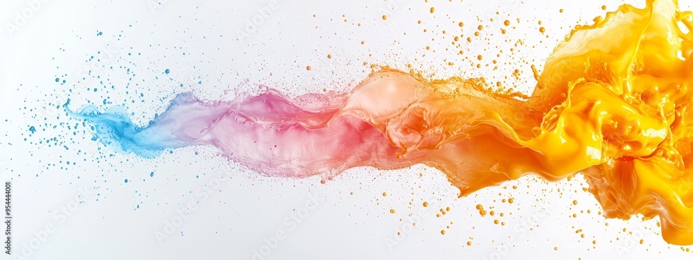 Poster  Multicolor liquid splatters against white backdrop; blue sky background