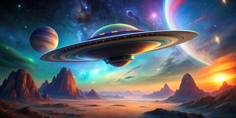 Spaceship hovering above a colorful alien planet, spaceship, space, planet, alien, colorful, universe, exploration