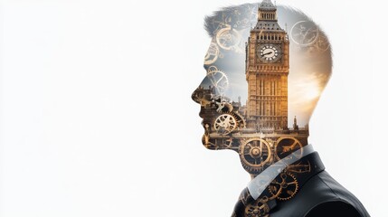 Portrait of a Victorian-era gentleman, gears and clockwork elements forming a mechanical arm, double exposure with an old clock tower