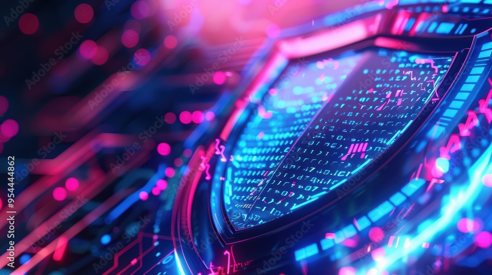 Poster a digital shield representing cybersecurity, featuring intricate lines and vibrant colors that symbo