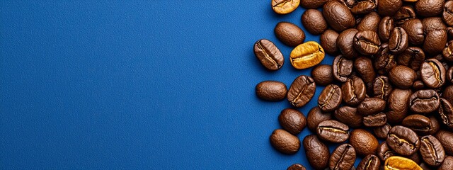  Two piles of coffee beans each atop a separate blue table
