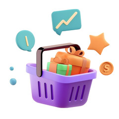3D isolated Icon of a Basket with Gifts, Money, and Benefits, Bright Colors