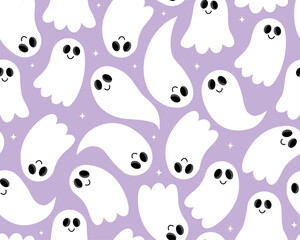 Halloween seamless pattern. Cute white ghosts on a purple background. Different smiling little ghosts and spirits. Design for wrapping paper, textile. Spooky pattern.