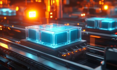 Obraz premium 3D rendering of an industrial warehouse with glowing blue holographic boxes on conveyor belts