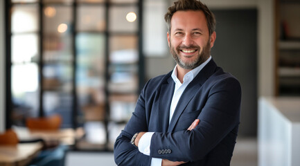 Fototapeta premium professional man, portrait of a smiling businessman, attractive smiling businessman in his late thirties standing with arms crossed looking at the camera, wearing a business suit and white shirt