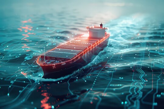 A futuristic cargo ship navigates through digital waters, symbolizing modern shipping and technology integration.