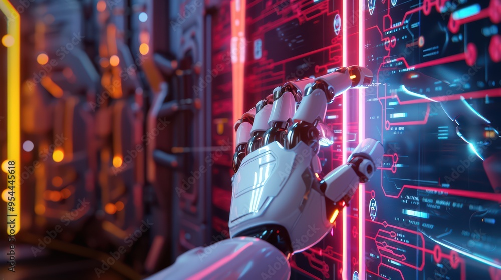 Poster a futuristic robotic hand interacting with a glowing digital interface, showcasing advanced technolo