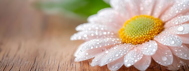  Close-up of a pink flower with water beads on its petals, a green leaf in the background