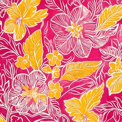 Abstract floral pattern with pink and yellow flowers.
