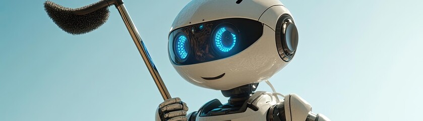 Robot janitor, with a mop, utility compartments, and a friendly expression, 3D illustration