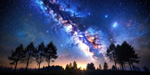 Fototapeta premium Starry night sky with trees in background, shining stars, night, sky, stars, trees, dark, background, nature, astronomy