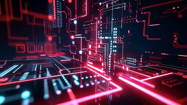 Futuristic digital circuit background in red and blue hues, technology and innovation in a modern digital world.