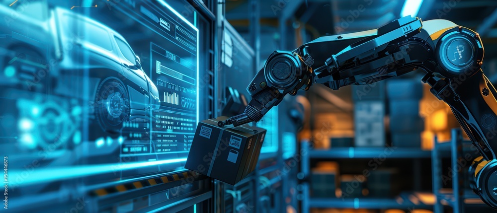Aufkleber a robotic arm efficiently handles packages in a modern warehouse, showcasing advanced automation and