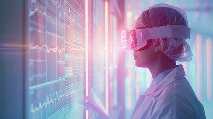 A researcher in a lab coat uses virtual reality goggles to interact with data on an advanced digital screen.