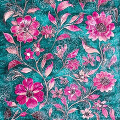 Seamless floral pattern with pink flowers and teal background