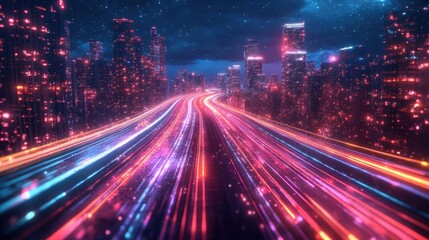 Fototapeta premium Time-lapse city lights at night, creating trails of neon and stars, digital art, 3D illustration