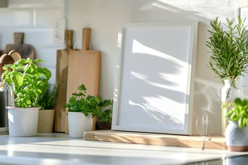 A serene kitchen scene featuring plants, wooden boards, and a blank frame bathed in natural light, perfect for design inspirations.