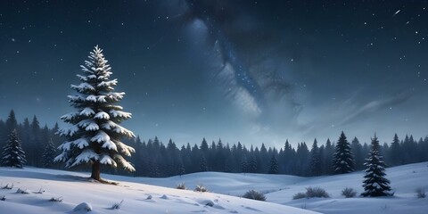 A snowy winter landscape with a pine tree covered in snow, and a forest in the background.