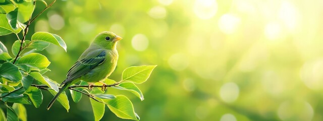 Obraz premium A green bird perches atop a leafy tree branch against a backdrop of vibrant green foliage