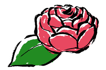 筆タッチの横から見た薔薇1輪と葉のイラスト