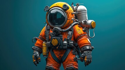 Underwater explorer, equipped with a diving suit, oxygen tanks, and underwater tools, 3D illustration