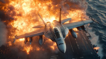 Obraz premium A fighter jet in peril as it flies over an aircraft carrier with explosions and fire bursting, fault lines cracking the structure below