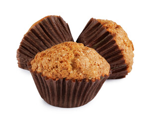 Three muffins isolated on a white background.