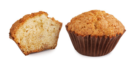 Whole and half muffin isolated on white background.