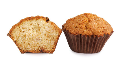 Whole and half muffin isolated on white background.