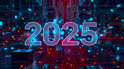 Shining 2025 on digital background. Technology banner 2025
