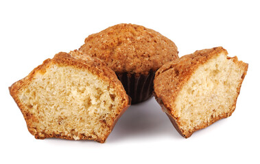 Whole and half muffin isolated on white background.